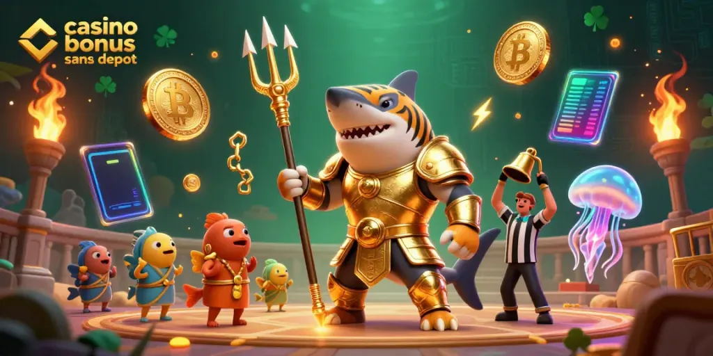 Jouez avec le casino bonus sans dépôt dans une aventure sous-marine avec un requin et des pièces de crypto.