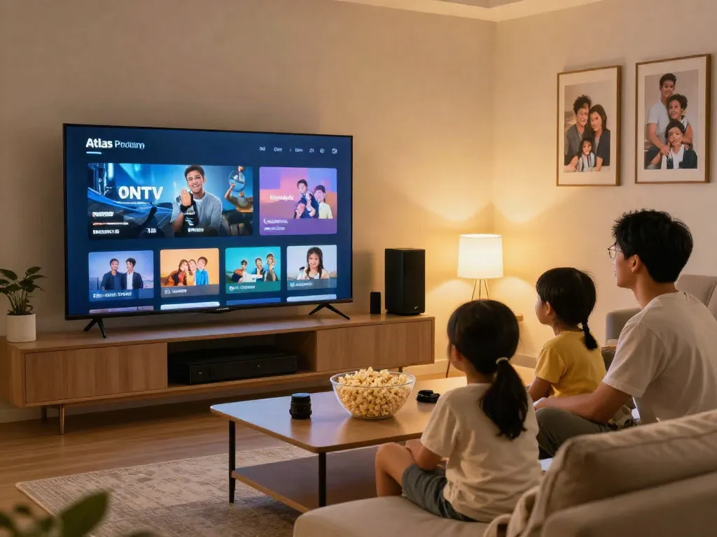 Télévision intelligente affichant l'interface Atlas Pro, famille profitant d'une soirée cinéma.