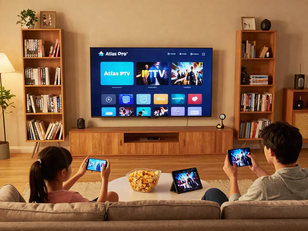 Famille profitant d'Atlas Pro IPTV sur plusieurs appareils dans leur salon moderne.