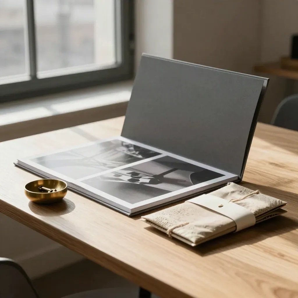 Bundle immobilier premium sur table près d’une fenêtre, avec photos et clés, dans un loft lumineux.