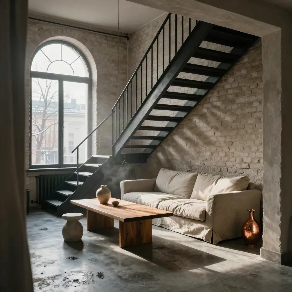 Loft duplex lumineux avec escalier noir, grande verrière et canapé en lin.