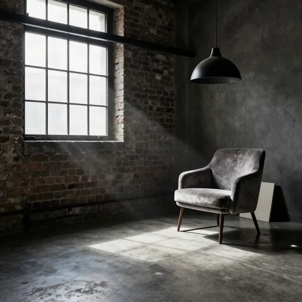 Atelier loft Bastille dramatique, brique brute, verrière noire, chaise en velours et rayon de lumière.
