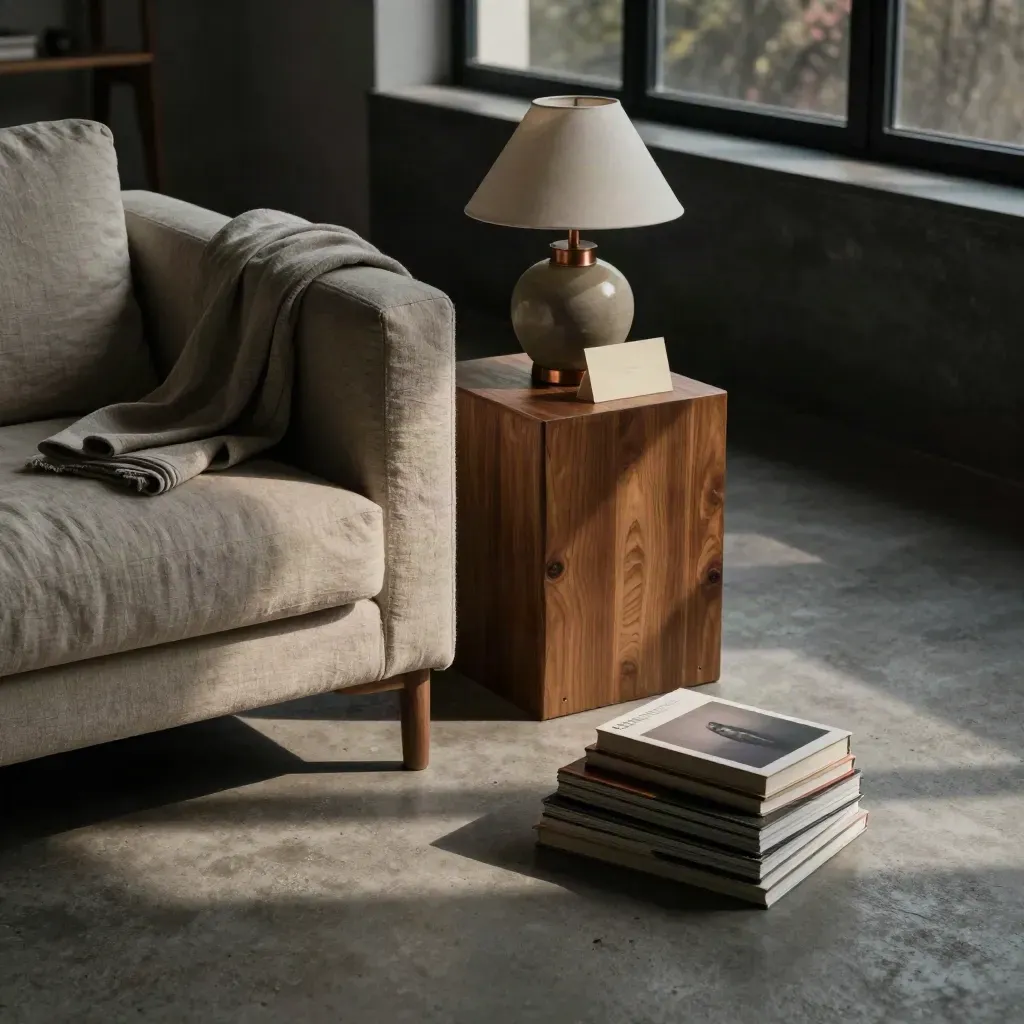 Vue plongeante d’un coin de loft meublé avec canapé en lin, lampe céramique, livres et plaid.