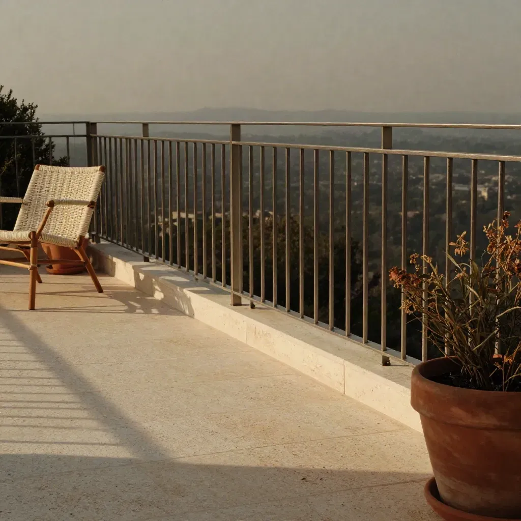 Terrasse de loft à Belleville avec pierre claire, chaise tressée et skyline brumeuse.