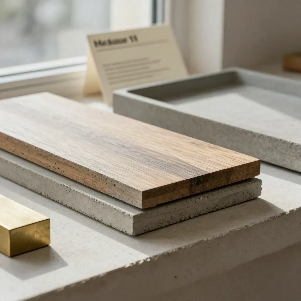 Échantillons de béton, bois et pierre pour une estimation de loft marseillais.
