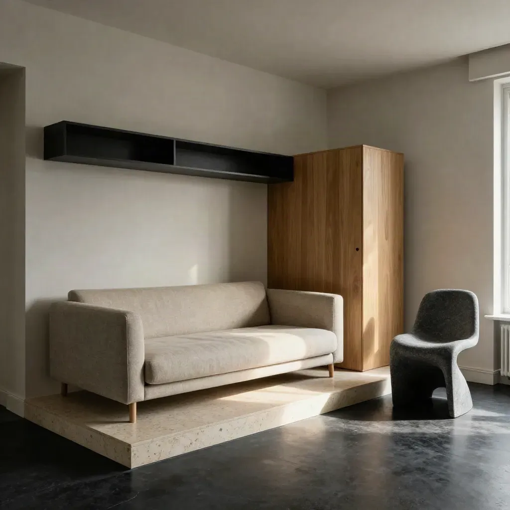 Loft parisien avec canapé-lit, étagère noire, bois clair et chaise sculpturale.