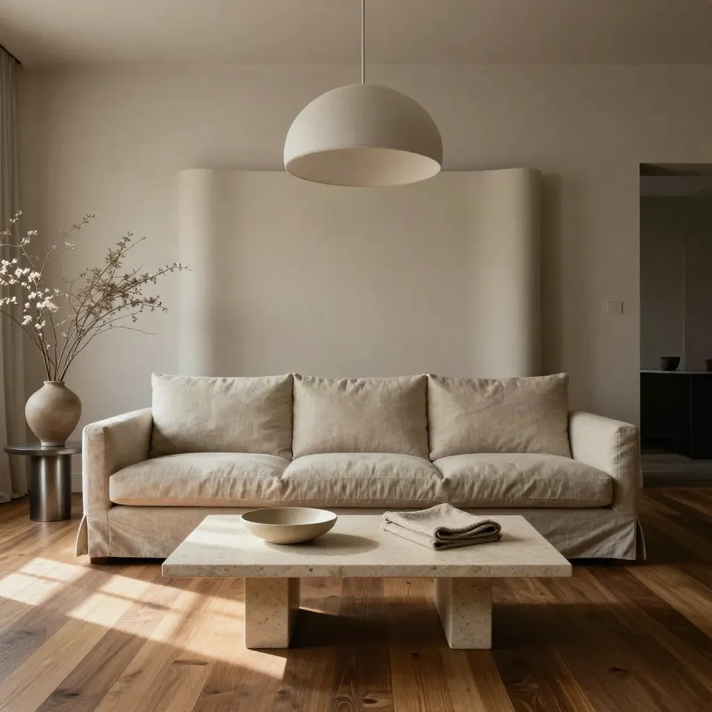 Loft lumineux avec canapé central, table basse, suspension et sol en bois.