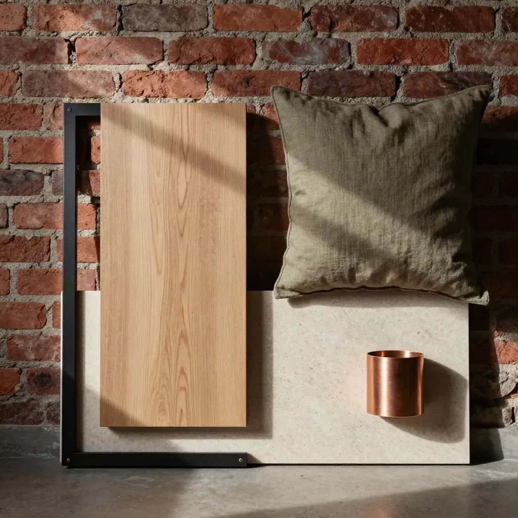 Flatlay de matériaux d’un loft rénové avec brique, bois, acier et lin, lumière chaude.
