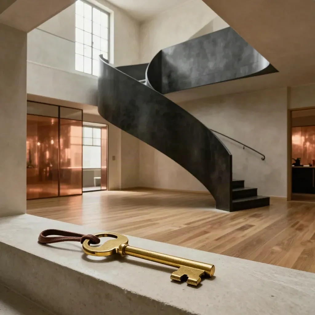 Loft parisien dramatique avec escaliers charbon, reflets cuivre et murs en plâtre lumineux.