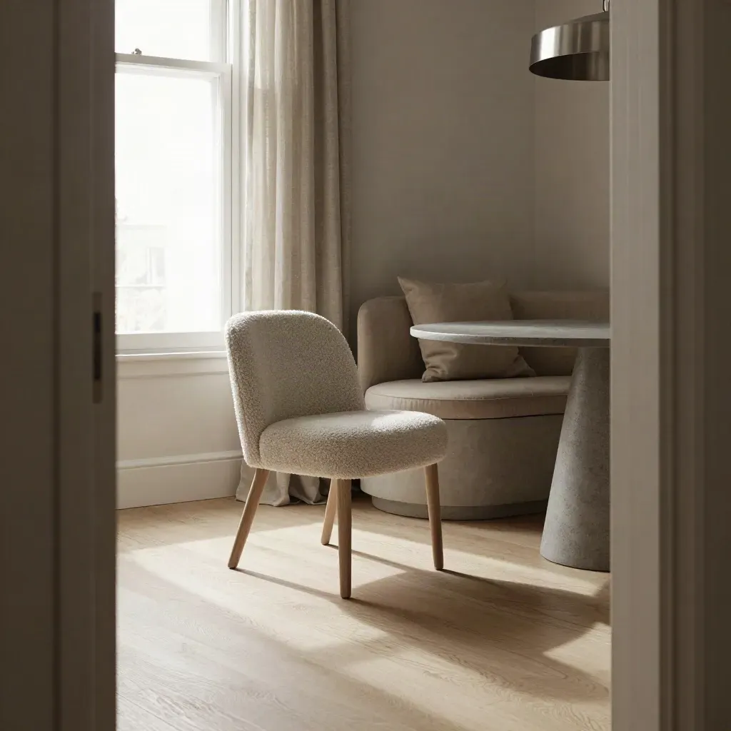 Coin de T2 meublé à Bordeaux avec chaise bouclette, sol en bois clair et drapé de lin.