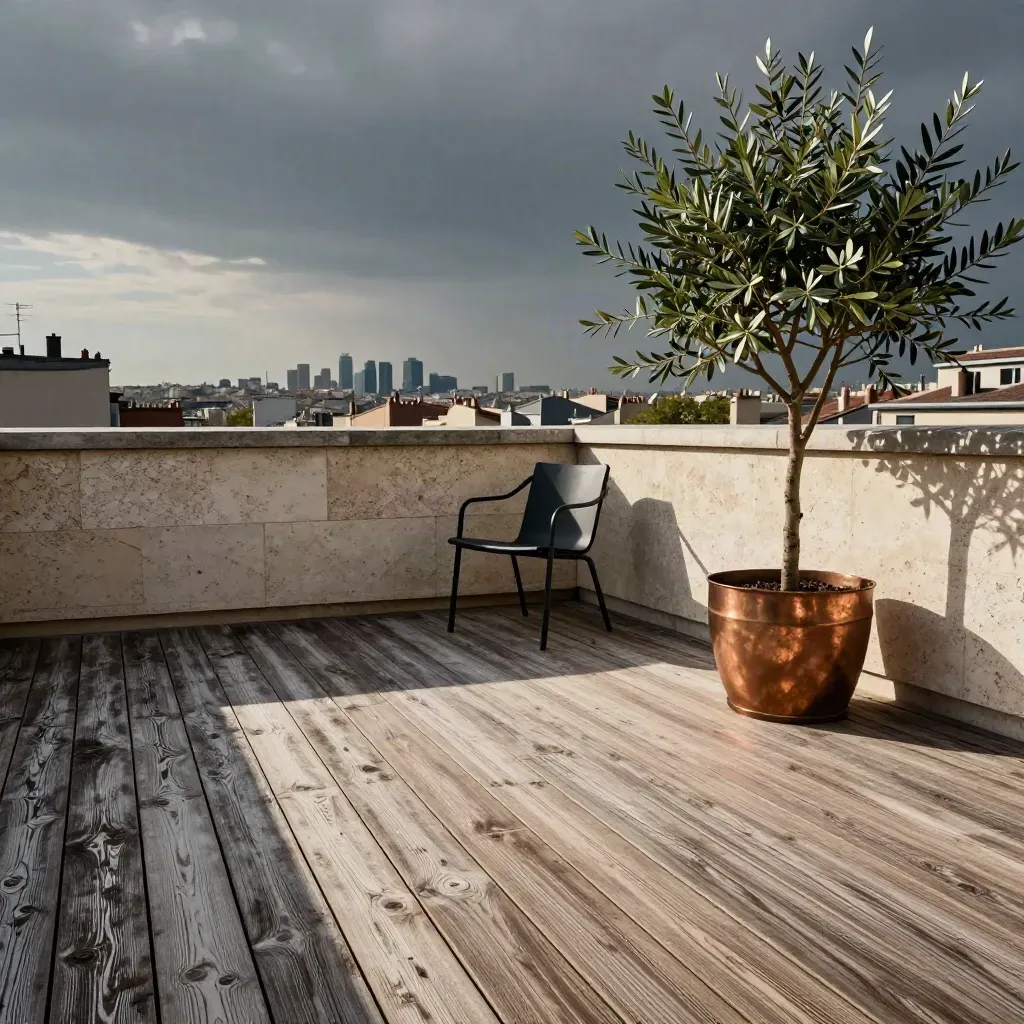 Terrasse de loft à Lyon avec lames usées, mur en pierre, chaise noire et olivier.