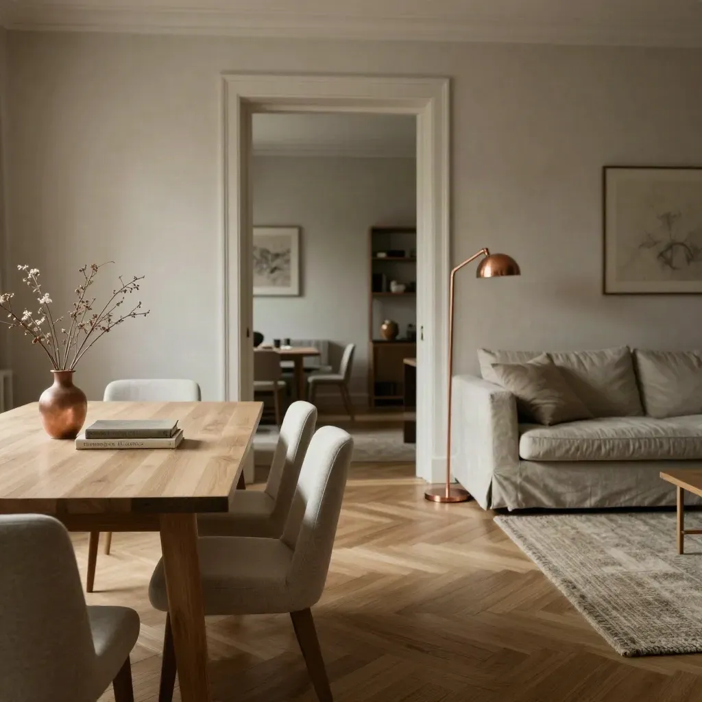 Salon-séjour lumineux d’un appartement familial parisien avec table en bois, canapé et accents cuivre.