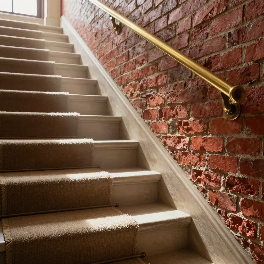Escalier de maison de ville à Lille, bois clair, brique et rampe en laiton