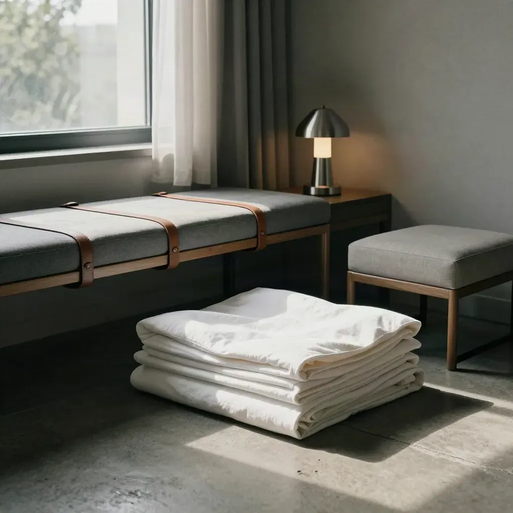 Mise en scène d’un séjour court avec banc à valise, lampe compacte, linge plié et fenêtre lumineuse.