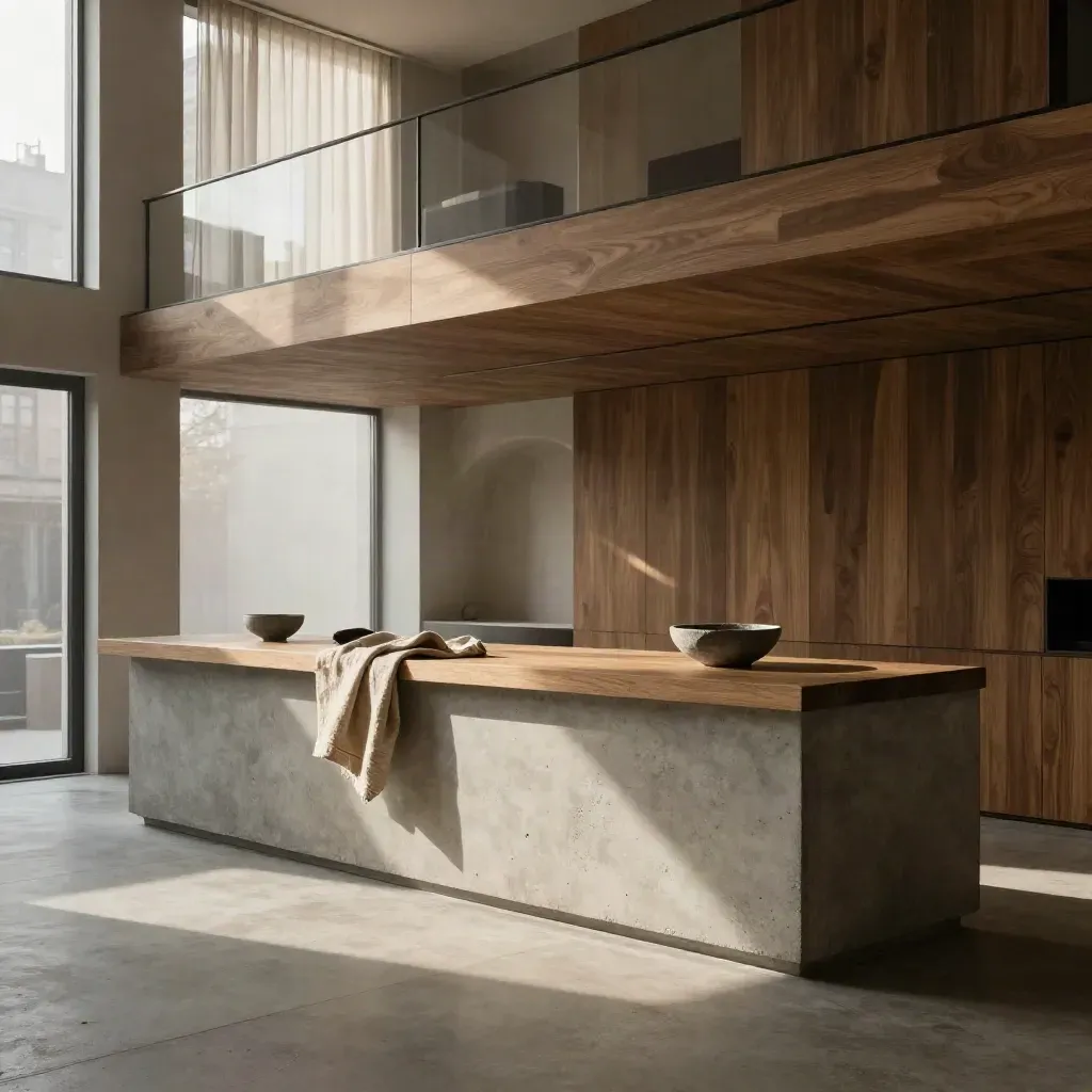 Intérieur de loft lumineux avec mezzanine et sol béton, espace calme pour une accroche.