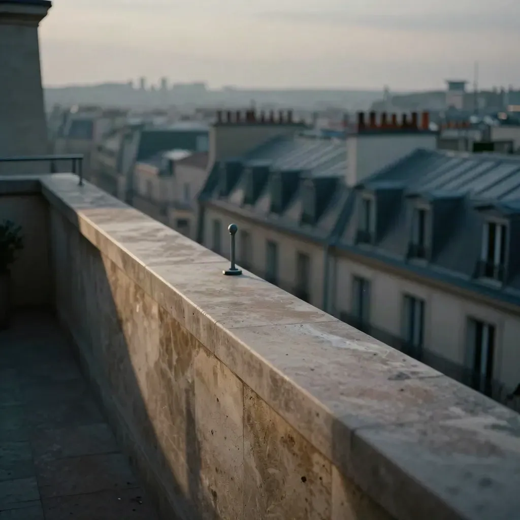 Balcon urbain de loft avec vue sur les toits de Paris au bleu du soir.