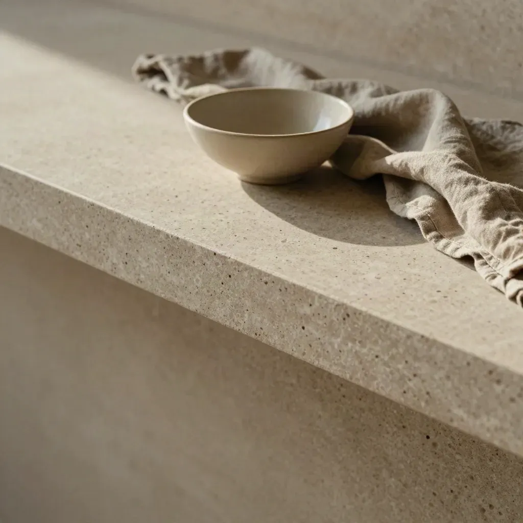 Surface en travertin avec linge plié, bol en céramique et longues ombres, ambiance chic.