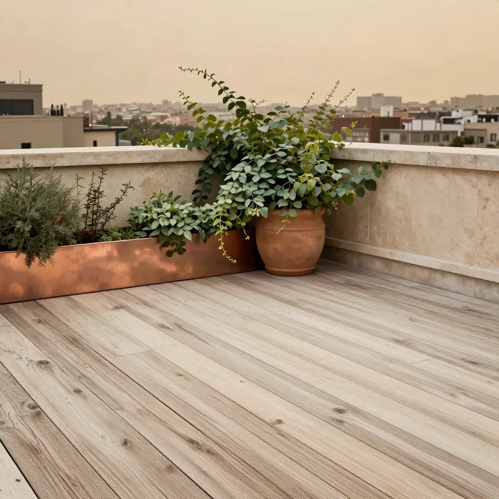 Toit-terrasse lumineux avec plantes grimpantes et ville floue au loin